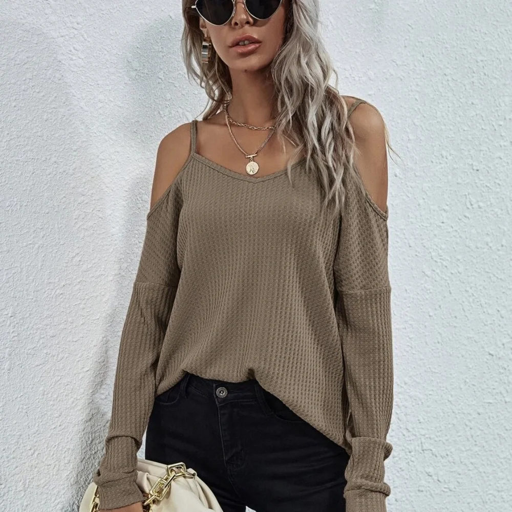 Boho Pink off shoulder waffle long sleeve knit top - Picture 7 of 16